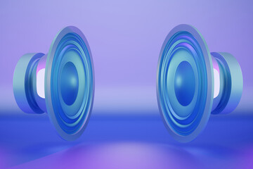 3D render sound audio speaker background with neon light. Two power bass loudspeaker 3d rendering illustrations.