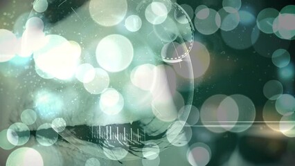 Poster - Green glowing spots of light, data processing and scope scanning over close up of female eye