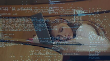 Poster - Data processing against caucasian female student with laptop sleeping in class at college