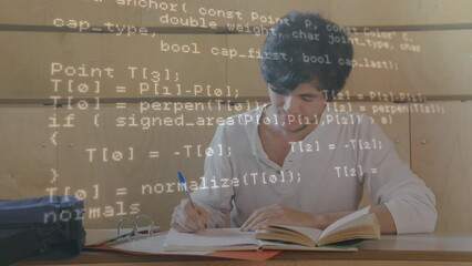 Poster - Data processing against biracial male student studying in class at college