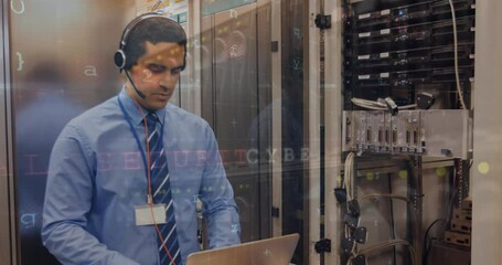 Poster - Cyber security data processing over biracial male engineer with laptop working at server room