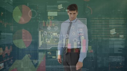 Poster - Digital interface with data processing over caucasian businessman touching futuristic screen