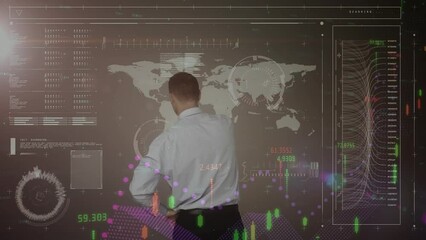 Poster - Digital interface with data processing over rear view of businessman touching futuristic screen