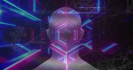 Poster - Network of connections over human face model spinning against hexagonal tunnel in seamless pattern