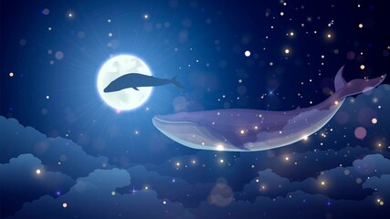 Blue whales fly in the clouds in the night sky, full moon and stars