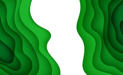 Wall Mural - Abstract green background in paper cut style. 3d layout wallpaper cut out from cardboard. Modern template with abstract curve shapes. Vector environmental card with papercut waves for business poster.