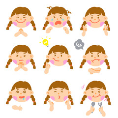 Cute Asian Girl Long Brown Hair Eye Kids Child Children Shcool Different Expression Emotion Emotional Emoticon Hands Doodle Character Feelings Faces Collection Set Bundle Icon Vector Illustration