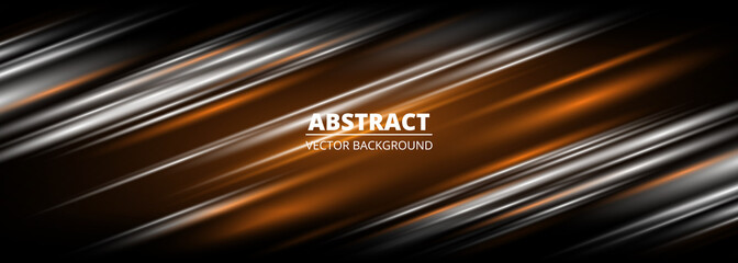 Dark modern abstract background with orange and white stripes. Black wide abstract banner design with diagonal lines. Vector illustration