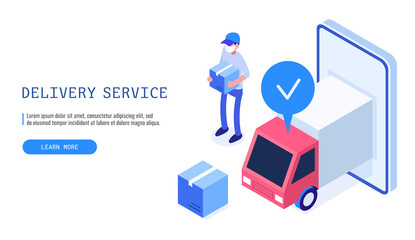Poster - Delivery courier man holding parcel box. Delivery Service concept. Web banner. Vector illustration.