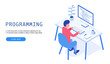 © Art Alex - Programming concept. Man programmer at work. Web banner. Vector illustration..