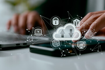 Leinwandbilder - With a cloud computing diagram shown on a laptop, a man works on his computer. Networking and internet service principles and cloud computing technology.