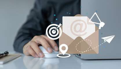 Poster - The idea behind email marketing. advertising medium, customers to target, messages to deliver, invitations to send, message alerts, and enticing offers.