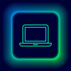 Wall Mural - Glowing neon line Laptop icon isolated on black background. Computer notebook with empty screen sign. Colorful outline concept. Vector