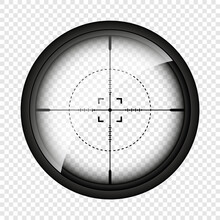 Weapon Sight, Sniper Rifle Optical Scope. Hunting Gun Viewfinder With Crosshair. Aim, Shooting Mark Symbol. Military Target Sign, Silhouette. Game Interface UI Element. Vector Illustration