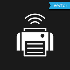 Poster - White Smart printer system icon isolated on black background. Internet of things concept with wireless connection. Vector