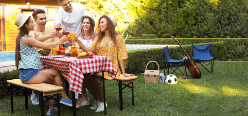 Wall Mural - Happy friends with drinks having fun at barbecue party outdoors. Banner design