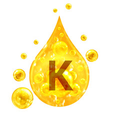 Wall Mural - Vitamin K. Images golden drop and balls with oxygen bubbles. Health concept. Isolated on white background