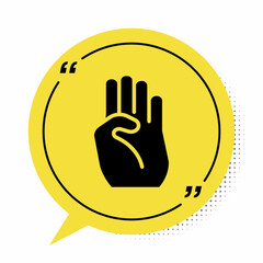 Poster - Black Indian symbol hand icon isolated on white background. Yellow speech bubble symbol. Vector