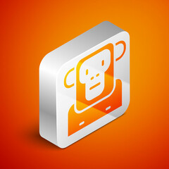 Poster - Isometric Monkey icon isolated on orange background. Silver square button. Vector