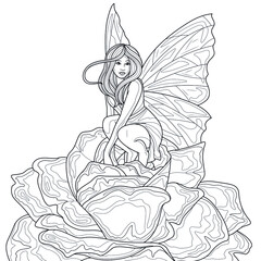 Wall Mural - Fairy sits on a rose.Coloring book antistress for children and adults. Illustration isolated on white background. Hand draw