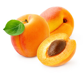 Poster - Apricot fruit with half of apricot and apricot kernel isolated on white background.