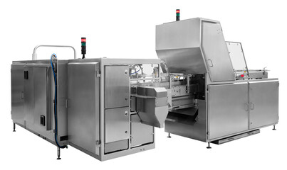 Poster - Industrial line for packaging of food products. Packing of bread at the factory.The machine for cutting and packing in a factory for the production of bread. isolated on white background