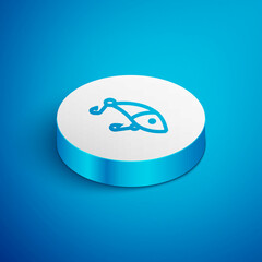 Sticker - Isometric line Fishing lure icon isolated on blue background. Fishing tackle. White circle button. Vector