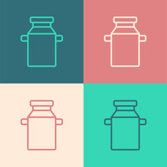 Sticker - Pop art line Can container for milk icon isolated on color background. Vector