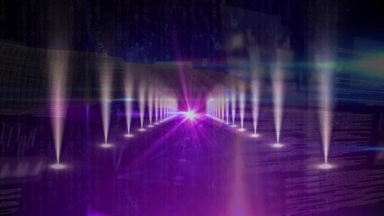 Poster - Animation of glowing lights over data processing on dark background