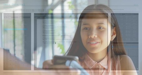 Poster - Animation of digital interface over biracial women using smartphone