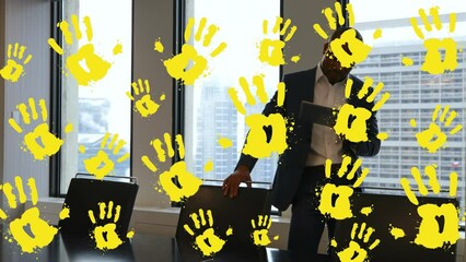 Poster - Animation of yellow hands over caucasian businessman in office