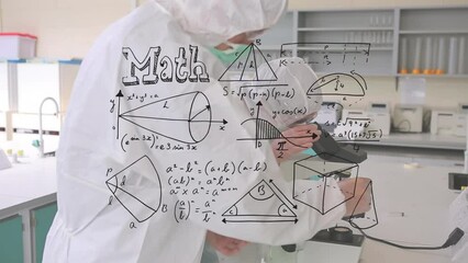 Sticker - Animation of math formulas over female and male lab workers in safety clothes