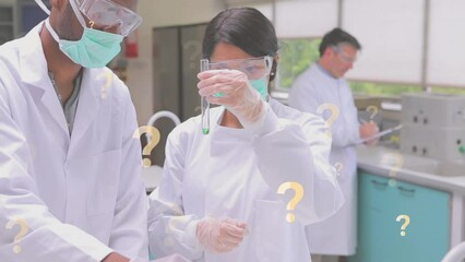 Poster - Animation of question marks over diverse female and male lab workers with samples