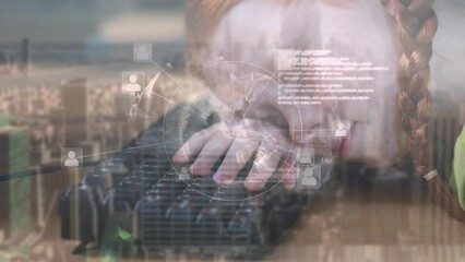 Poster - Animation of globe and data over caucasian girl sleeping on computer keyboard