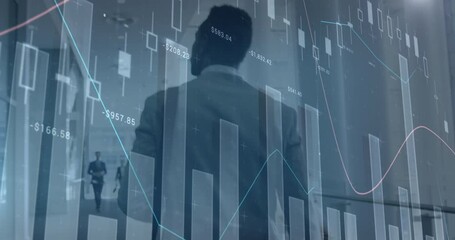 Poster - Animation of financial graphs over back view of african american businessman walking in office