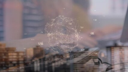Poster - Animation of globe and coordinates over hands of caucasian man using computer