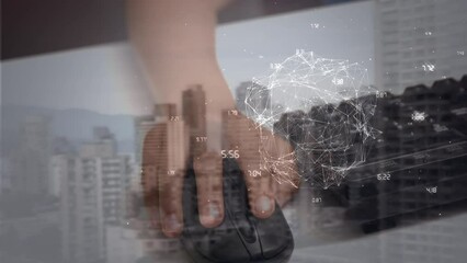 Poster - Animation of globe and coordinates over hands of caucasian child using computer mouse