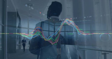 Poster - Animation of financial graphs over back view of african american businessman walking in office