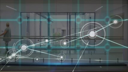 Wall Mural - Animation of network of connections and shapes over caucasian female doctor in hospital