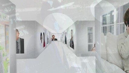 Poster - Animation of data processing over diverse business people talking on smartphone