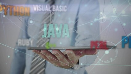 Poster - Animation of data processing over caucasian businessman using tablet