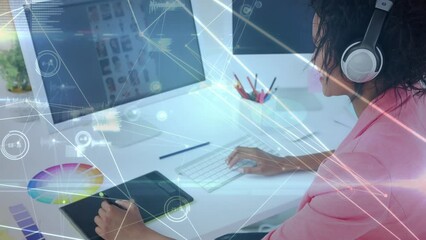Poster - Animation of data processing over biracial businesswoman using computer