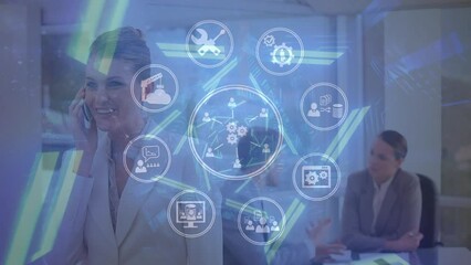Poster - Animation of data processing over caucasian business people talking