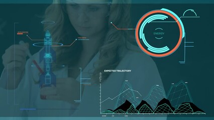 Poster - animation of data processing over caucasian female scientist