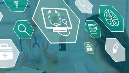 Poster - Animation of medical icons over caucasian female doctor and patient