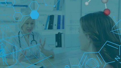 Poster - Animation of chemical formula over caucasian female doctor and patient