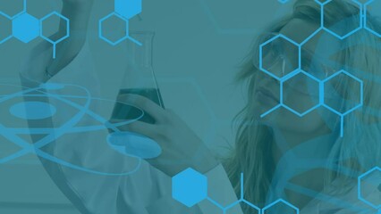 Poster - animation of data processing over caucasian female scientist