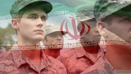 Poster - Animation of flag of iran over diverse male soldiers