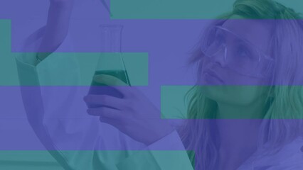 Poster - animation of purple shapes over caucasian female scientist