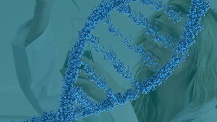 Canvas Print - Animation of dna strand over caucasian female scientist